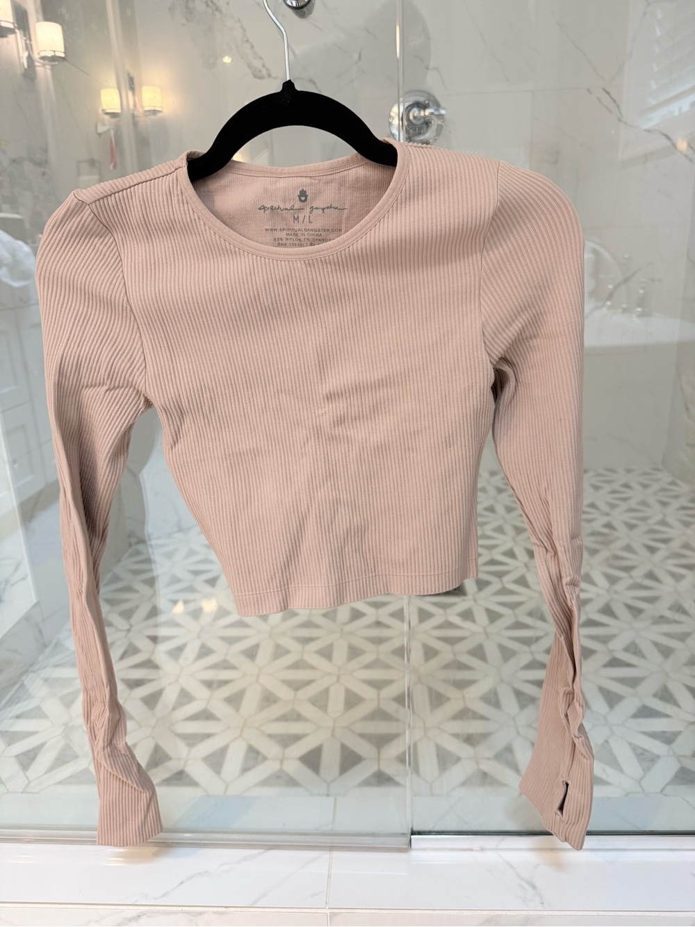Spiritual Gangster open back brand long sleeve ribbed crop top - Blush Pink/nude